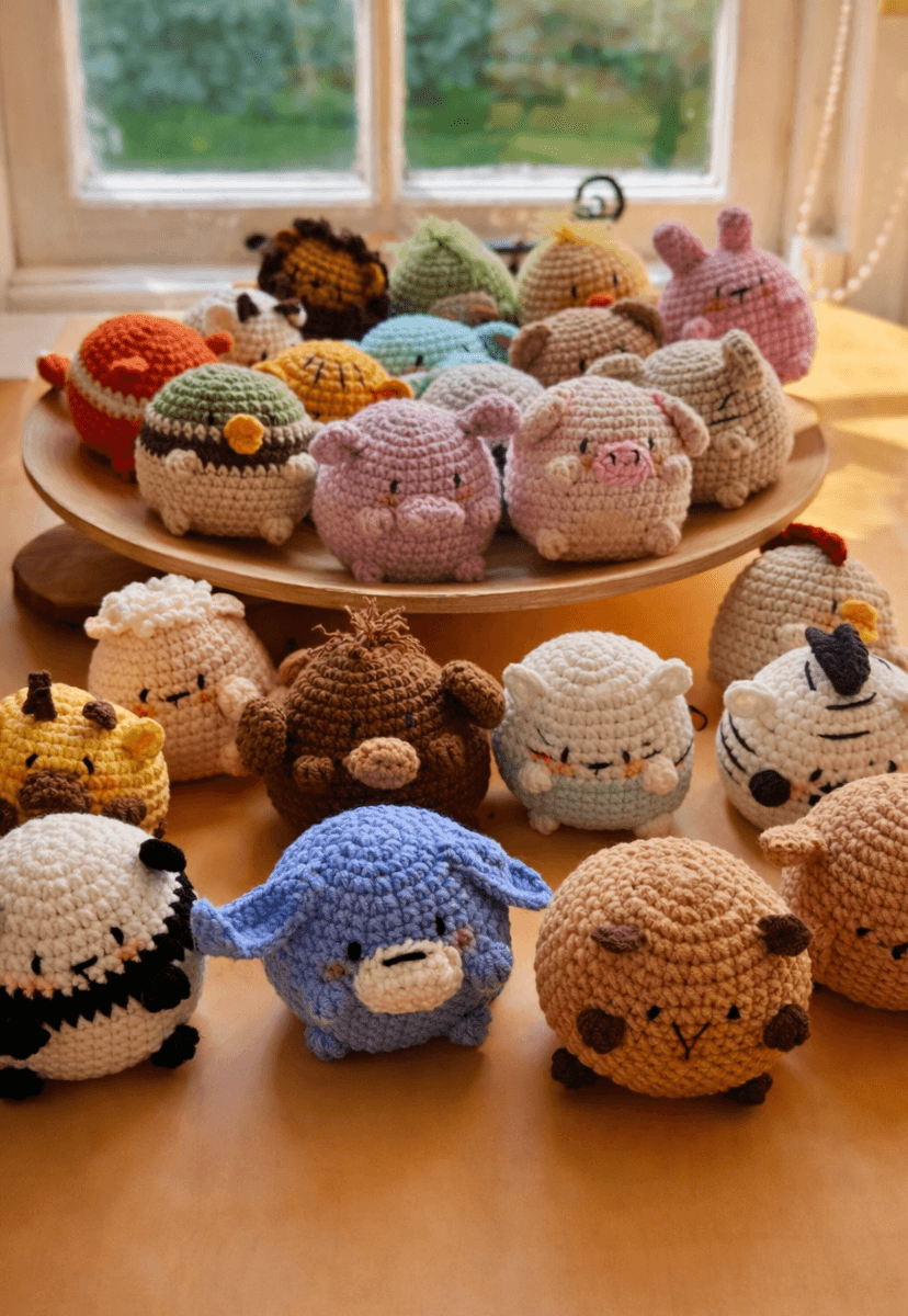 Mulher segurando amigurumis de animais